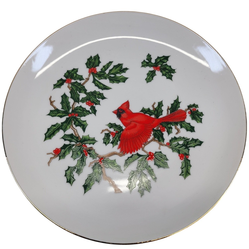 Cardinal Holly Berries Christmas Collectible Decorative Serving Plate 1061 Vtg
